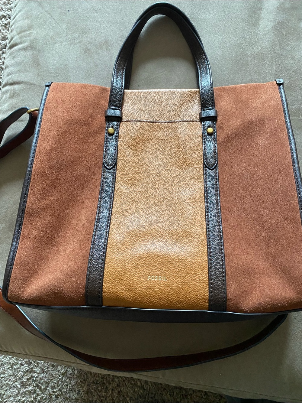 Fossil Colorblock Suede Leather Tote Handbag Crossbody Bag Tan Brown